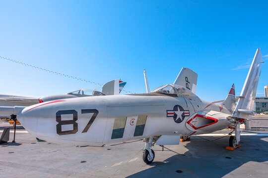 San Diego, California, United States - JULY 2018: Grumman F9F - 8P Cougar, American Fighter aircraft of 1950s in USS Midway Battleship Aviation museum. American aircraft served in Vietnam War.