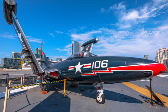 San Diego, California, United States - JULY 2018: Grumman F9F Panther, American carrier-based fighter-bomber of 1950s in USS Midway Battleship Aviation museum. American aircraft served in Vietnam War.