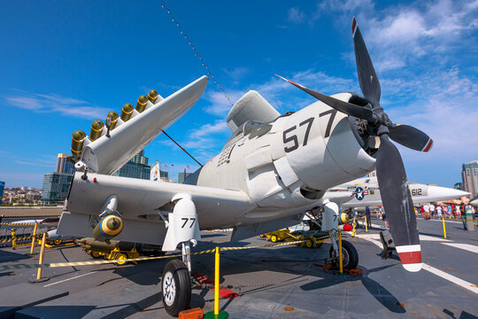 San Diego, California, United States - JULY 2018: Douglas A-1 Skyraider, American attack aircraft in service from 1940s to the 1980s in United States Navy. American Midway Battleship Aviation museum.