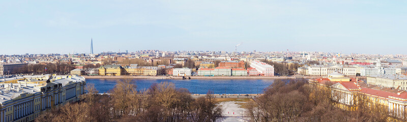 Panoramic view of historic center of Saint Petersburg, Russia. Neva river, quay of island Vasilyevsky, University Embankment