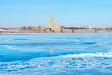 Peter and Paul Fortress in St Petersburg, Russia. Winter skyline, Neva river