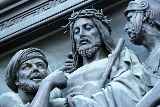 Fragment with Jesus Christ on the north gate of St. Isaac's Cathedral in St. Petersburg, Russia. Sculptor Vitali, the gate was made by galvanoplastic method in 1840-50s