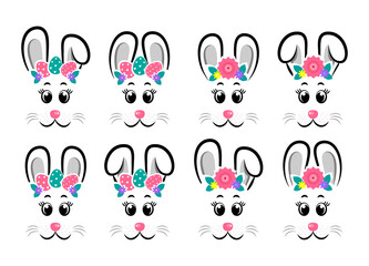 Vector design of collection of cartoon rabbit masks with gray and pink ears on white isolated background