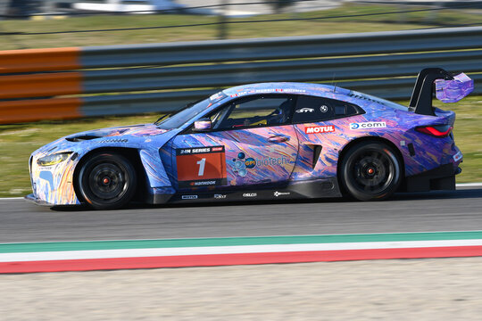 Scarperia, 24 March 2022: BMW M4 GT3 of Team ST Racing driven by Samantha Tan - Bryson Morris - Nick Wittmer in action during 12h Hankook Race at Mugello Circuit in Italy.