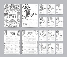 Calendar 2023 template set and Calendar 2024-2025 year, Desk calendar 2023 design, Planner, Lettering, hand drawn cartoon hipster people vector Can be used for, postcard, gift card, poster, diary