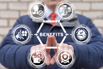 Concept of Employee Benefits. Career Business Work Bonuses and Perks. Worker compensation and...