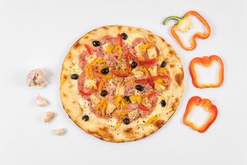 pizza pepper olives meat vegetables