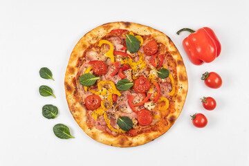 pizza tomato pepper vegetables meat 