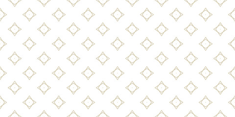 Vector minimalist seamless pattern with small linear diamond shapes, rhombuses, flower silhouettes. Abstract golden geometric texture. Simple gold and white minimal background. Luxury modern design