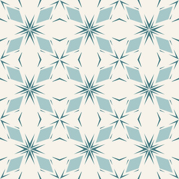 Abstract Floral Geometric Ornament. Elegant Vector Seamless Pattern With Flower Silhouettes, Leaves, Crosses, Stars. Stylish Background Texture In Teal Green And White Color. Repeat Decorative Design