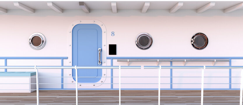 entr&eacute;e d'une cabine sur le pont d'un bateau - rendu 3D