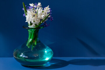 Little bright glass vase with spring flowers hyacinths isolated on blue background