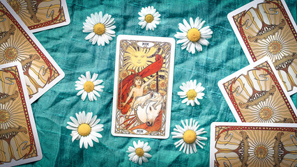 Fototapeta na wymiar The Sun, Esoteric concept and astrology, Fortune telling tarot cards