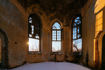Fototapeta na wymiar Abandoned ruined catholic church of the Saint Virgin Mary in Kamenka, Saratov Region