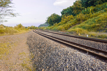 The railroad tracks pass through the forest track and the green trees on the sides
