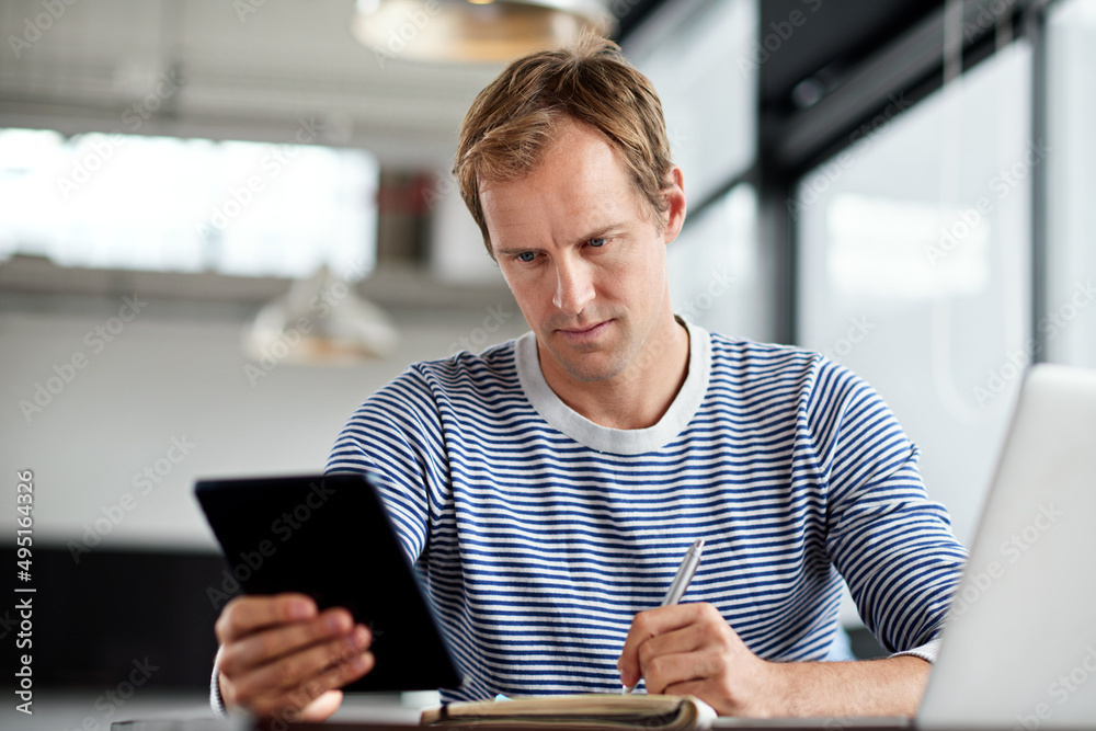 Poster modern day multitasking. shot of a man working on a digital tablet and laptop in an office.
