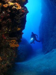 cave diving underwater scuba divers exploring caves and having fun ocean scenery sun beams and rays background