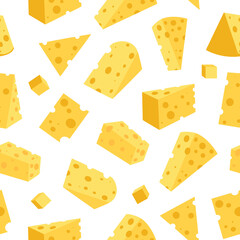 Cheese seamless pattern. Pieces of yellow cheese, isolated on a white background. Pieces of cheese of various shapes.
