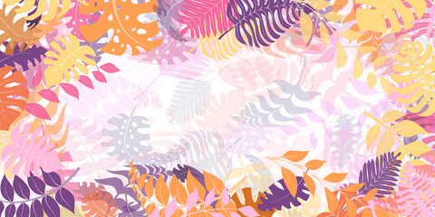 Background with exotic jungle plants. Tropical palm leaves. Rainforest illustration, multicolored on white.