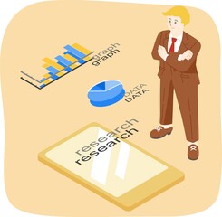 腕組みしてリサーチする男性とグラフのアイソメトリック主線なしカラーイラスト