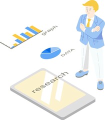 腕組みしてリサーチする男性とグラフのアイソメトリック主線なしカラーイラスト