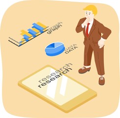 スマホでリサーチする男性とグラフのアイソメトリック主線なしイラスト