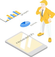 スマホでリサーチする男性とグラフのアイソメトリック主線なしイラスト