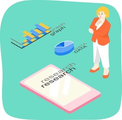 スマホでリサーチする女性とグラフのアイソメトリック主線なしイラスト