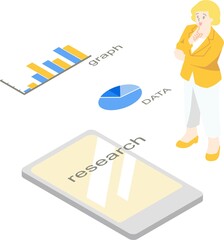スマホでリサーチする女性とグラフのアイソメトリック主線なしイラスト