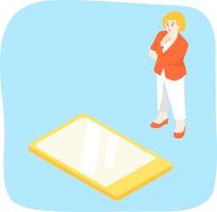 スマホとスーツを着て腕組みした女性の主線なしのコピースペース付きイラスト