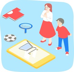 スマホでネットショッピングするお母さんと子供のアイソメトリック主線なしイラスト