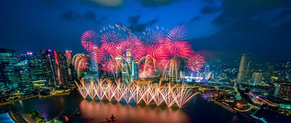 Küchenrückwand glas motiv Banner image of fireworks with Singapore city view at night. © hit1912