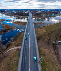 Gorzów Wielkopolski, widok z lotu ptaka na Most Lubuski nad rzeką Warta - obrazy, fototapety, plakaty