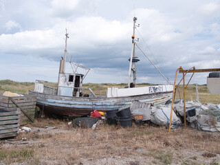 "Slettestrand Landingsplads" Ship at ship landing place beach in Hjortdal, Vendsyssel, Denmark