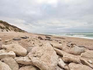 Fototapeta na wymiar Svinklovene Beach and Rock formations in Vendsyssel, Denmark - North Sea