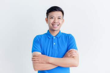 The smiles and happy faces of Asian men presenting a white background / advertising model concept