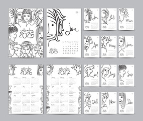 Calendar 2025 template set and Calendar 2026-2027 year, Desk calendar 2025 design, Planner, Lettering, hand drawn cartoon hipster people vector Can be used for, postcard, gift card, poster, diary