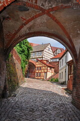  street  in Tangermuende,a small town with old buildings in northeastern Germany at the left bank of river Elbe. 