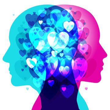 recommend clip art: A couple side silhouette profile overlaid with various sized semi-transparent love hearts representing the strong genuine love felt for each other.