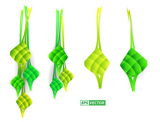 Realistic Ketupat (moslem packed rice) isolated or delicious food in ied celebration moslem in indonesia or green and yellow moslem packed rice. eps format.