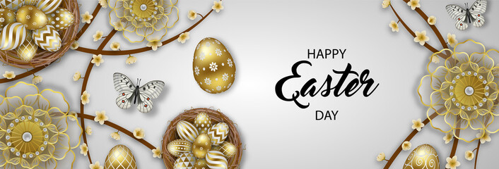 Happy easter banner with gold eggs, butterflies and flowers
