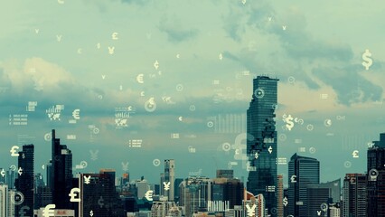 Business data analytic interface fly over smart city showing alteration future of business intelligence. Computer software and artificial intelligence are used to analyze big data for strategic plan .