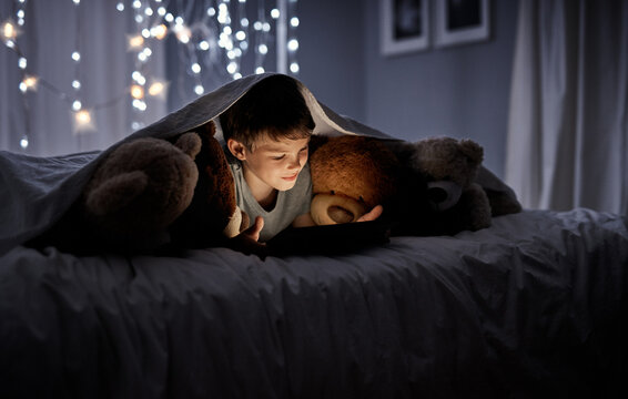 Too curious to sleep. Shot of an adorable little boy using a digital tablet in bed at night.