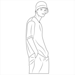 Cartoon character for coloring book. A man wearing hat and casual clothes. Vector illustration