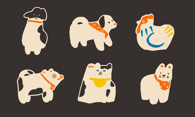 Set of funny cute japanese comic dogs, puppies, cats and roosters patches, pins and stickers. Vector illustration - 495172356