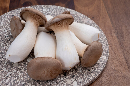 Tasty vegetarian food, fresh organic Pleurotus eryngii king trumpet mushrooms