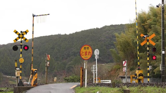 日本の田舎で撮影された踏切の映像。点滅する警告灯と遮断機の動き。天候は曇りから小雨。