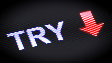 Turkish lira exchange rate in the screen. Index Down. 3D Illustration.