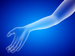 Three-dimensional model of human hand isolated on blue background. 3D illustration.