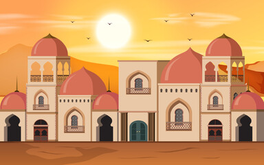 Landscape Background Illustration Of A Hot Desert With Mosque Building